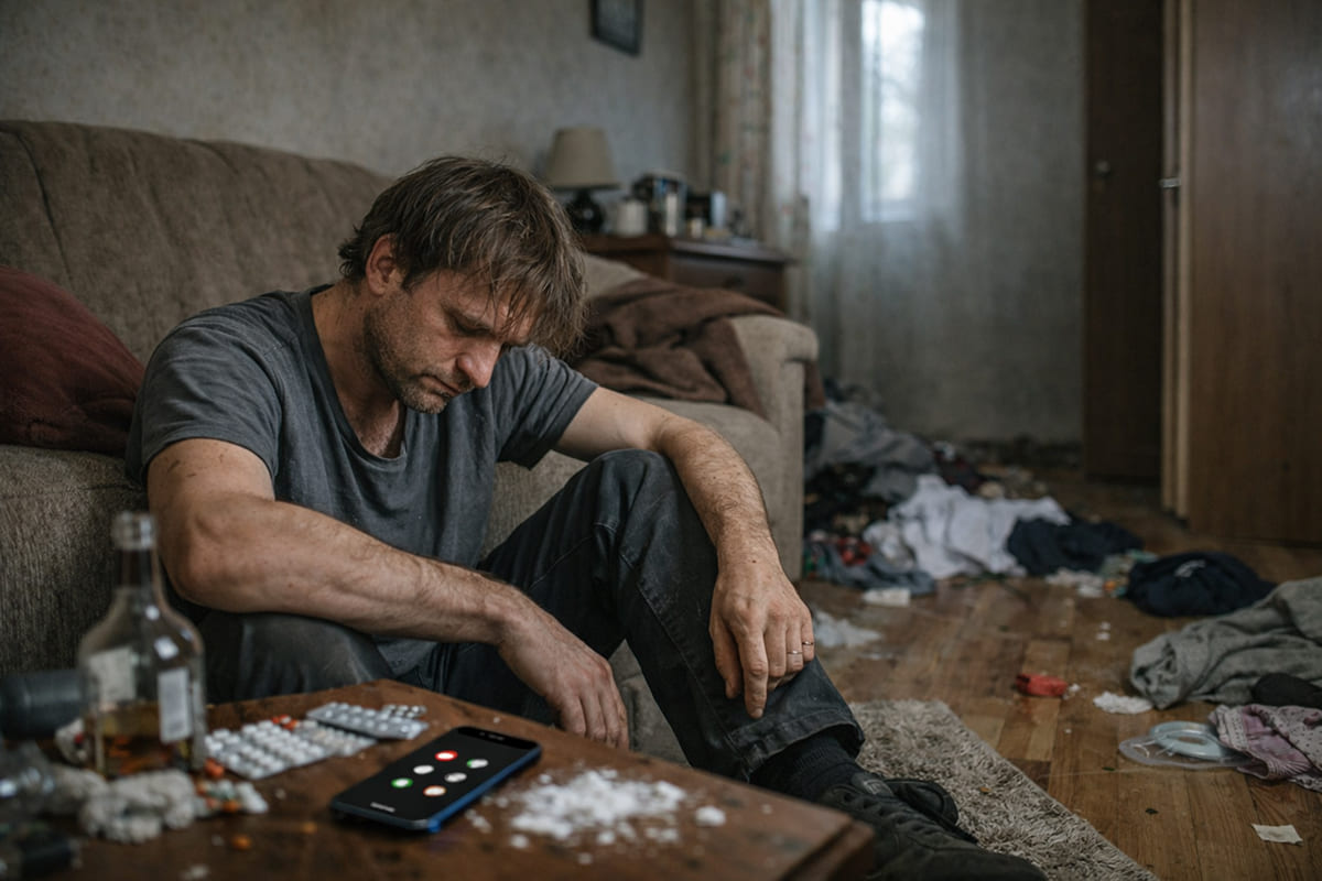 Мужчина сидит на полу дома
