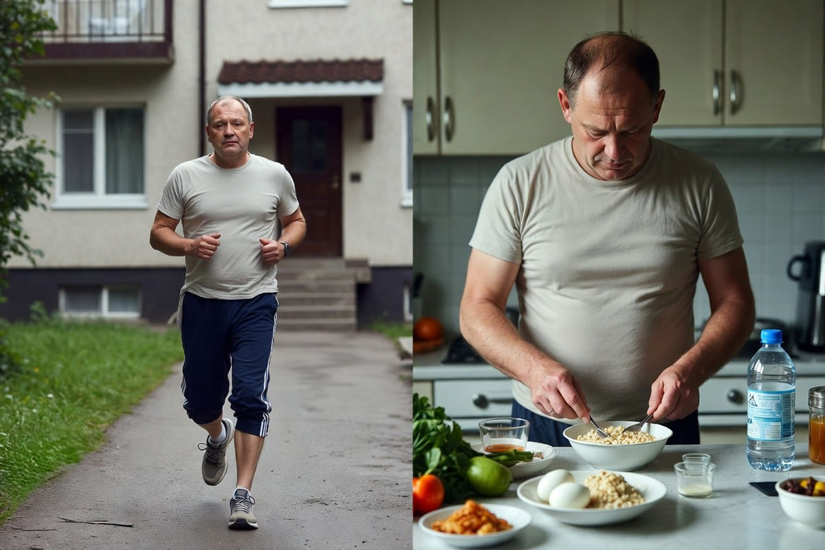 Мужчина бегает и готовит